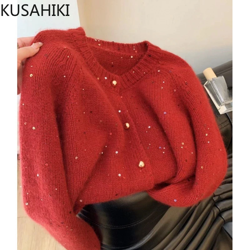 KUSAHIKI Sparkling Round Neck Sweater Cardigan for Women Autumn Winter 2024 New Retro Causal Korean Knitted Coat