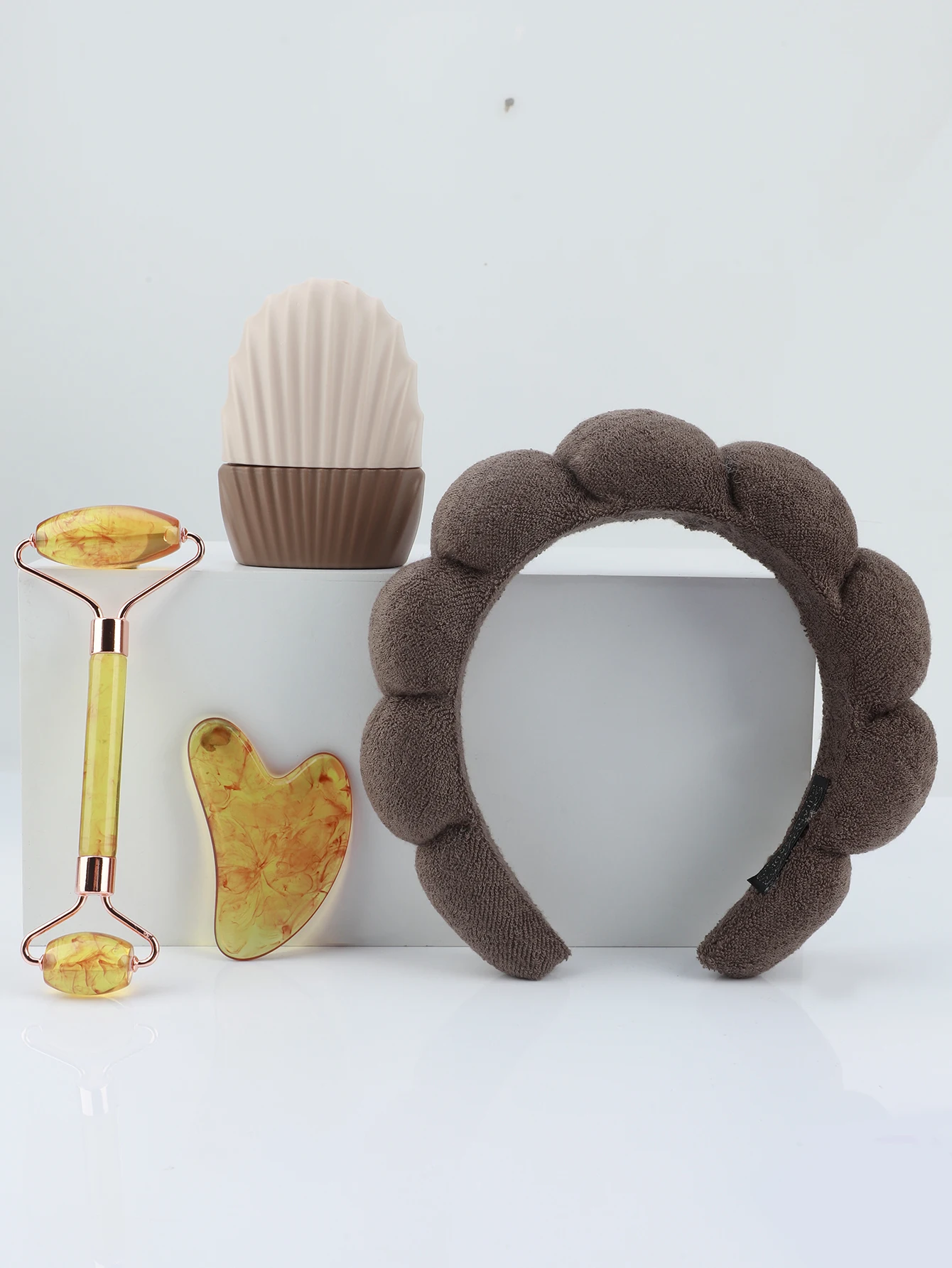 4 قطع من حزمة شعر الوجه مع رباط شعر، أسطوانة تدليك ماصة للزيت من الراتنج، لوح كشط، مجموعة مزيل مكياج شبكي ثلجي مضغوط #4