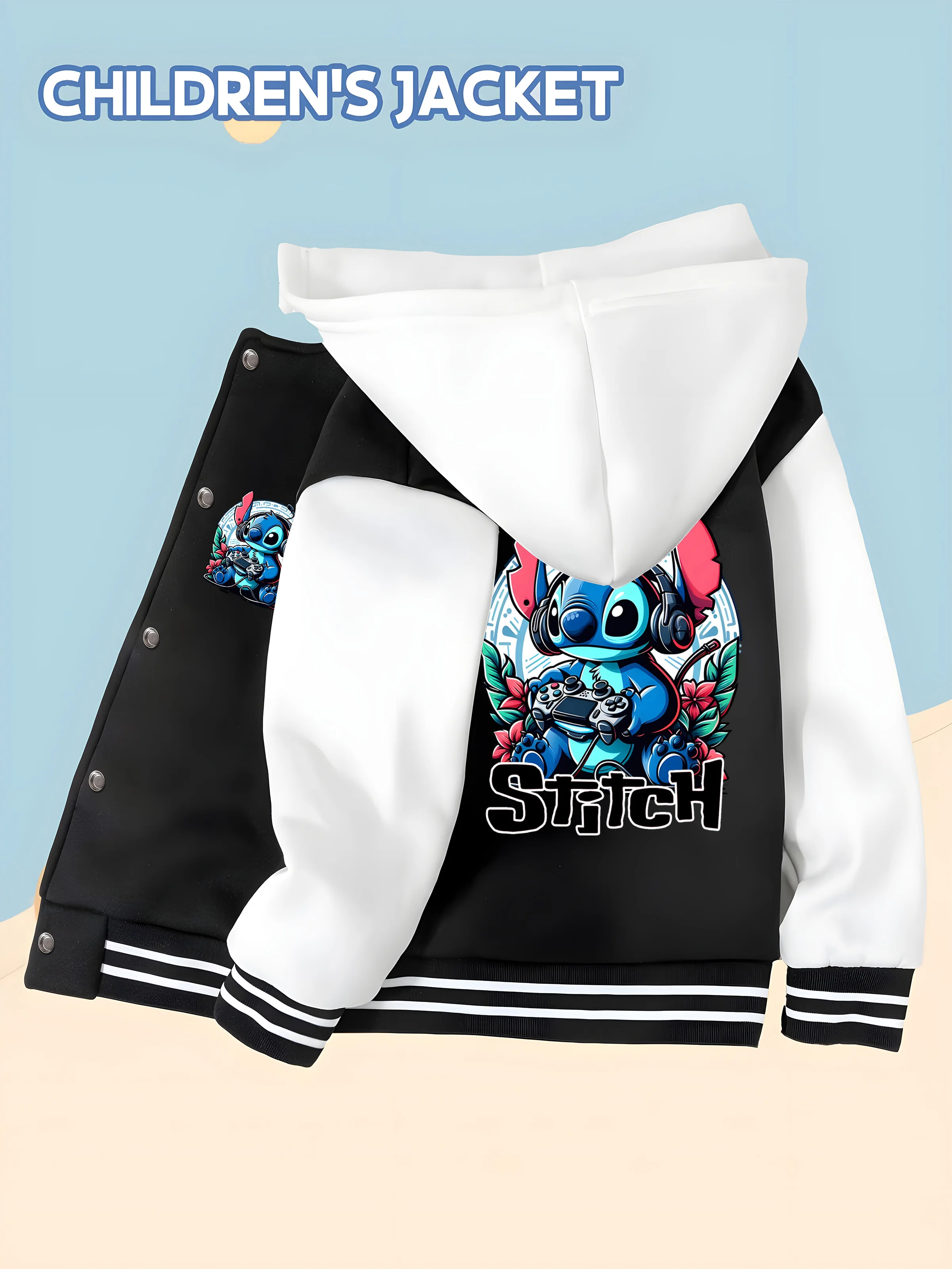 

MINISO Disney Stitch Baseball Boys' Jacket - E-sports Stitch print, double-sided design, soft fabric, perfect for school wear