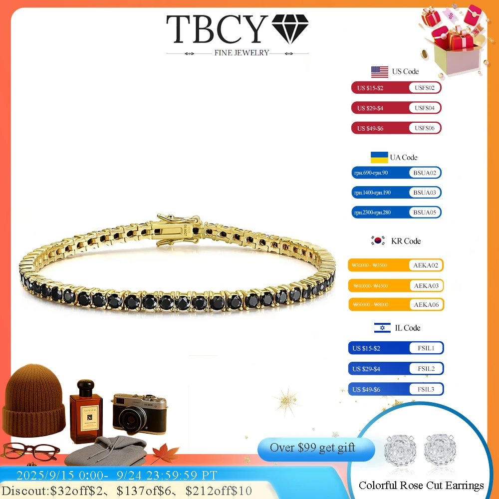 

TBCYD 3/4/5/6.5mm Black Moissanite Tennis Bracelet For Men Women S925 Silver Bracelet 18K Gold Plated Hip Hop Link Chain Jewelry