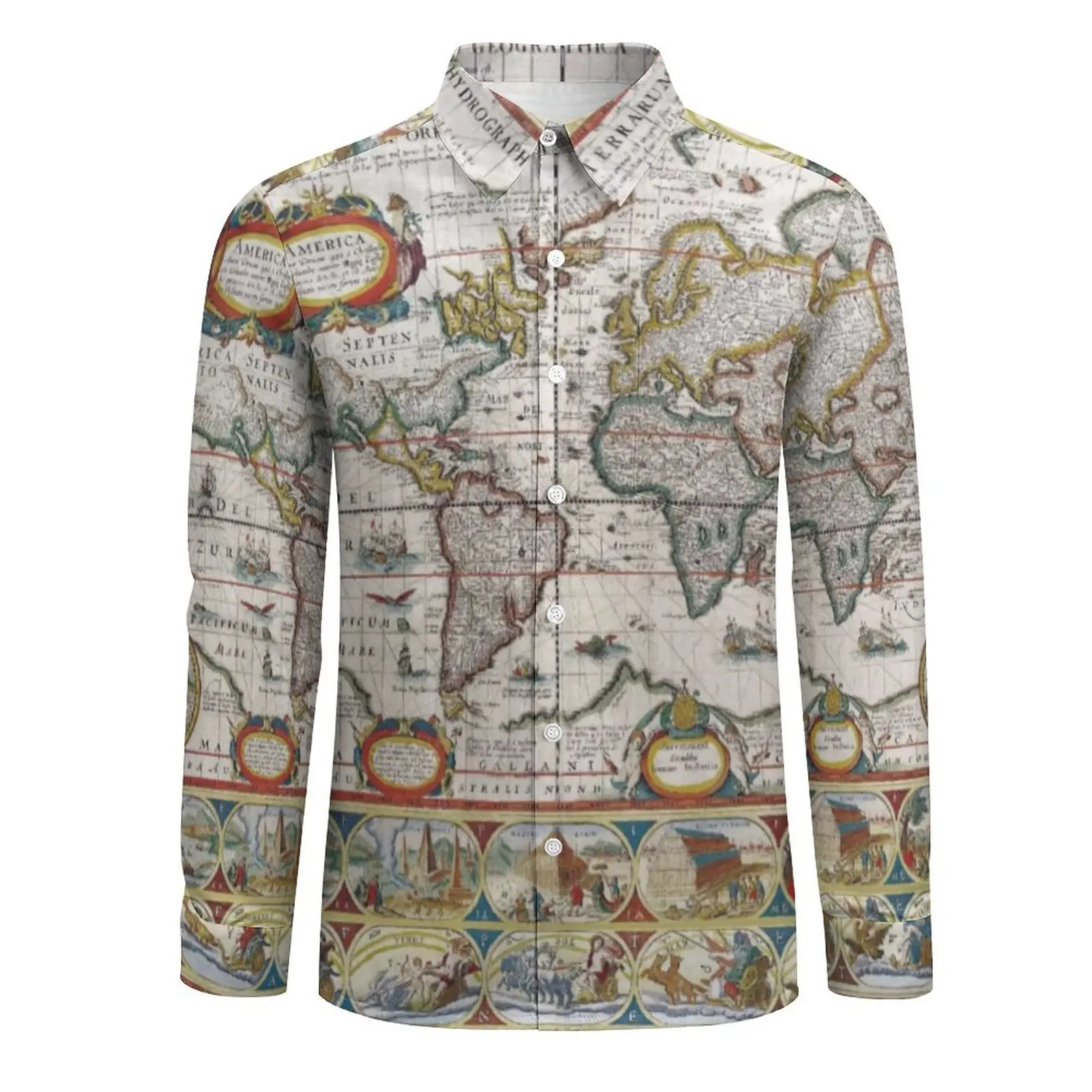 Earth Map Shirt Spring Antique World Map Casual Shirts Man Fashion Blouses Long Sleeve Design Streetwear Clothing 3XL 4XL