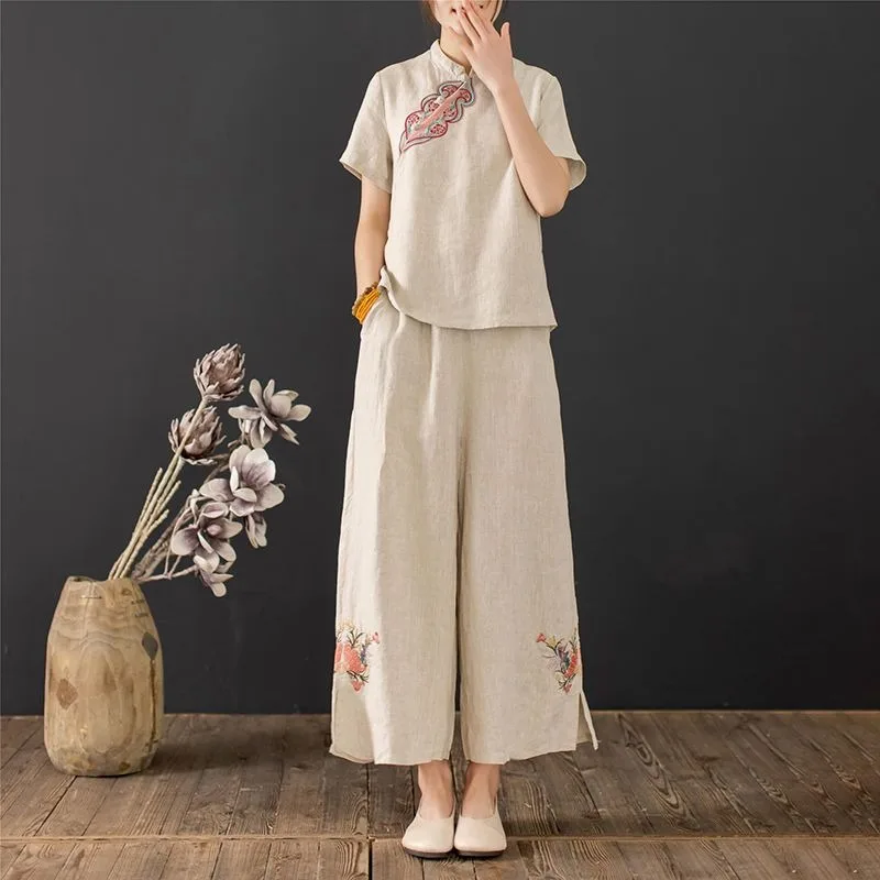 

Women's Chinese Style Embroidery Linen Top Wide Leg Pants Two Piece Set Casual Loose Outfit