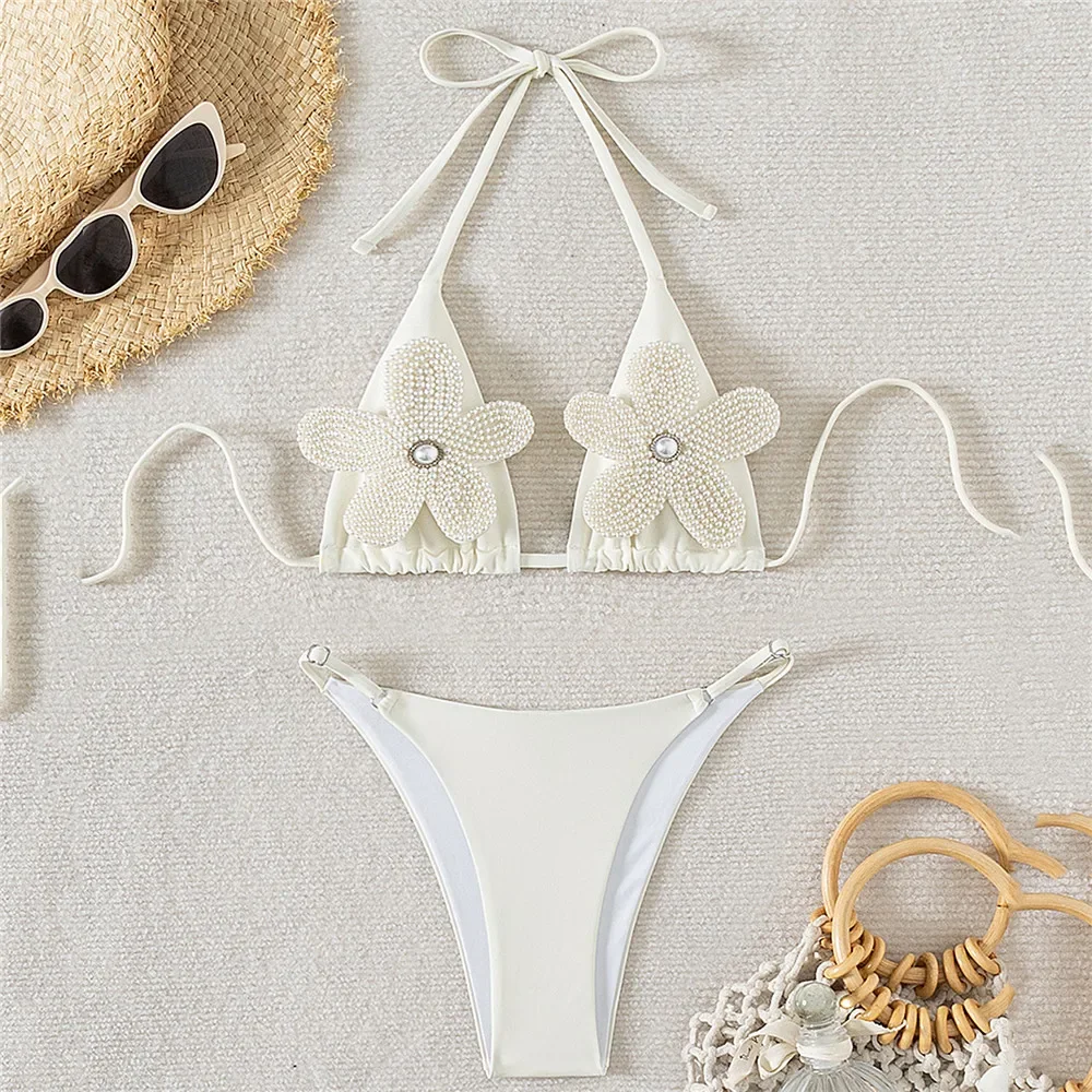 

3D Pearl Flower Micro Thong Bikini Set String Halter Swimwear Woman 2025 Sexy Swimsuit Bathing Suit Swimming Wear Bikinis Femmes