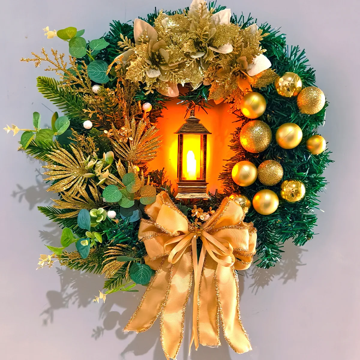 Christmas Wreath Jesus Christ with Light Red/golden Garland Door Merry Xmas Ornament Navidad Outdoor Home New Year Party Decor