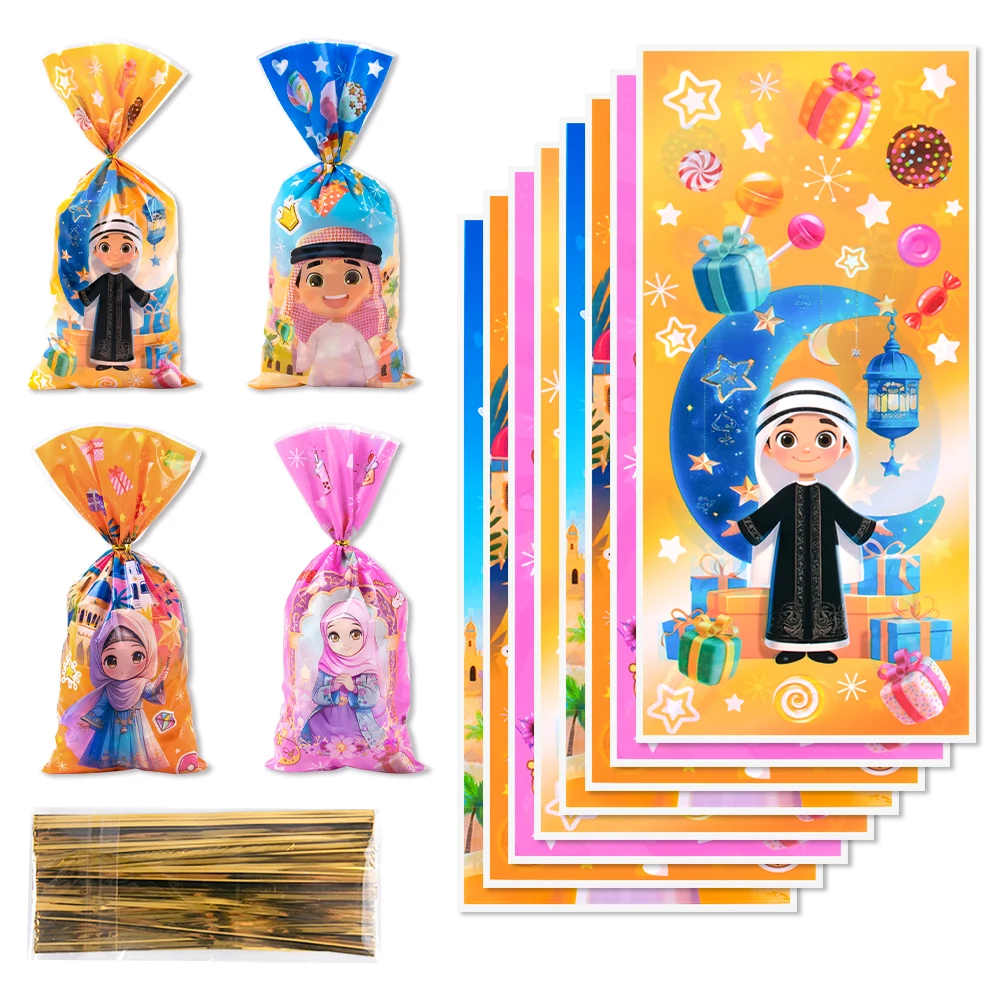 50pcs Eid Mubarak Gift Bags Plastic Candy Cookie Bag Ramadan Decoration Cellophane Treat Bags Islamic Muslim Hajj Mubarak Decor
