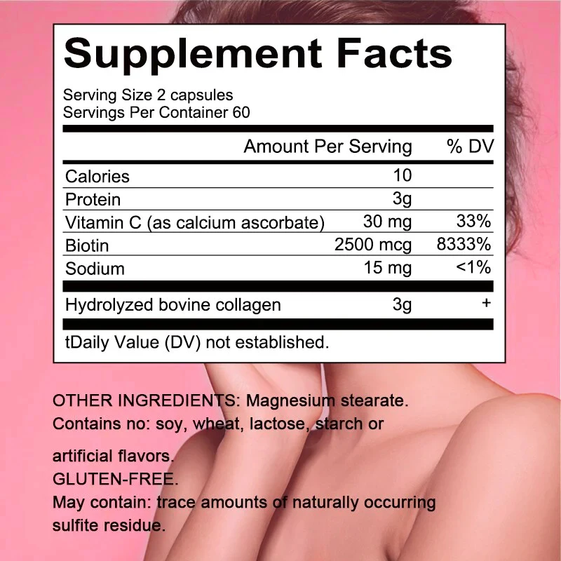 Complex Collagen Capsules with Vitamins, Hydrolyzed Collagen Supplement Is Suitable for Men and Women, Skin Health, 120 Capsules