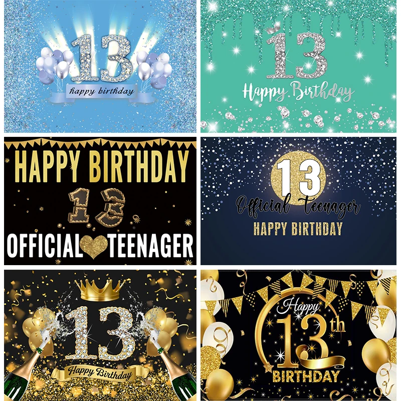 

Happy 13th Birthday Photography Backdrops Props 13 Years Old Boys Girls Party Glitter Balloons Photo Studio Background HB-01