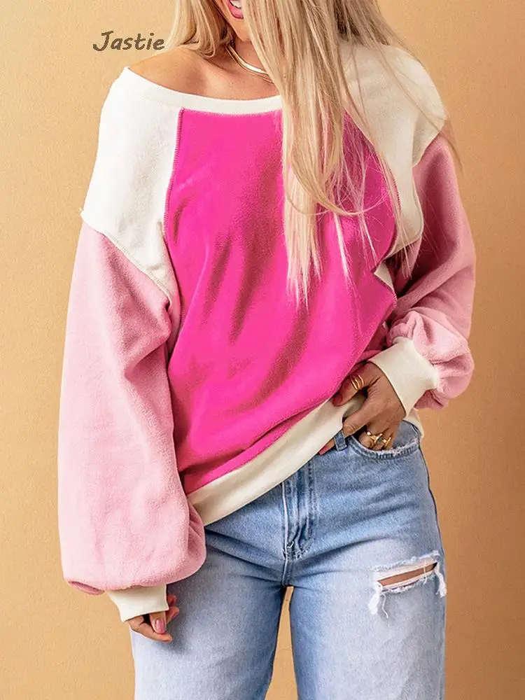 Rose Color Block Long Sleeve Pullover Fleece Sweater 2024 Fashion Women\'s Loose Round Neck Fleece Sweatshirts Top