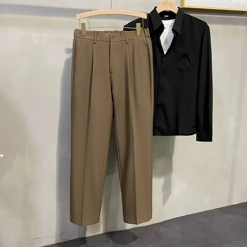 Tressed Baggy Male Suit Trousers Slim Fit Men's Summer Pants Gray Korean Style Clothes Slacks Elegant Anti-wrinkle Luxury 2024