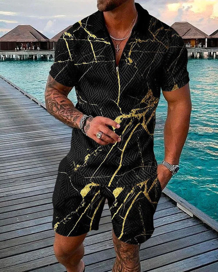 Summer Trend Print Men\'s Tracksuit Set Casual Zipper Collar Polo Shirt + Shorts 2pcs Sets Colorful Print Streetwear Man Clothing