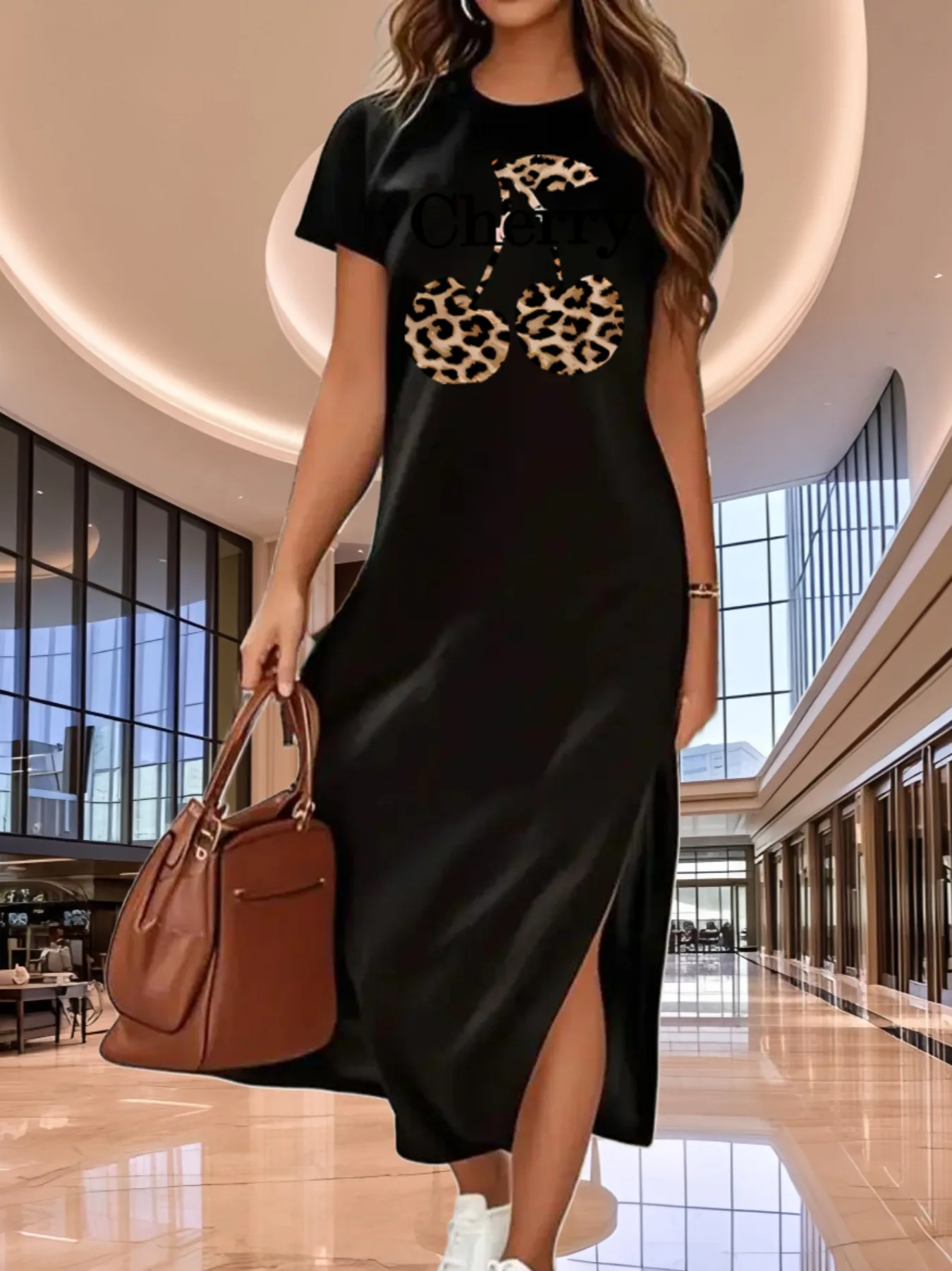 Verano mujer elástico negro Blessed cuello redondo manga corta camiseta vestido largo ropa de mujer