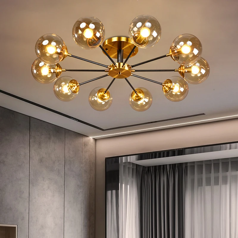 

Modern Living room LED Chandelier Smoke grey/Clear Glass Dining room Bedroom Pendant Lamp Gold Home Deco Hanging Light Fixtures