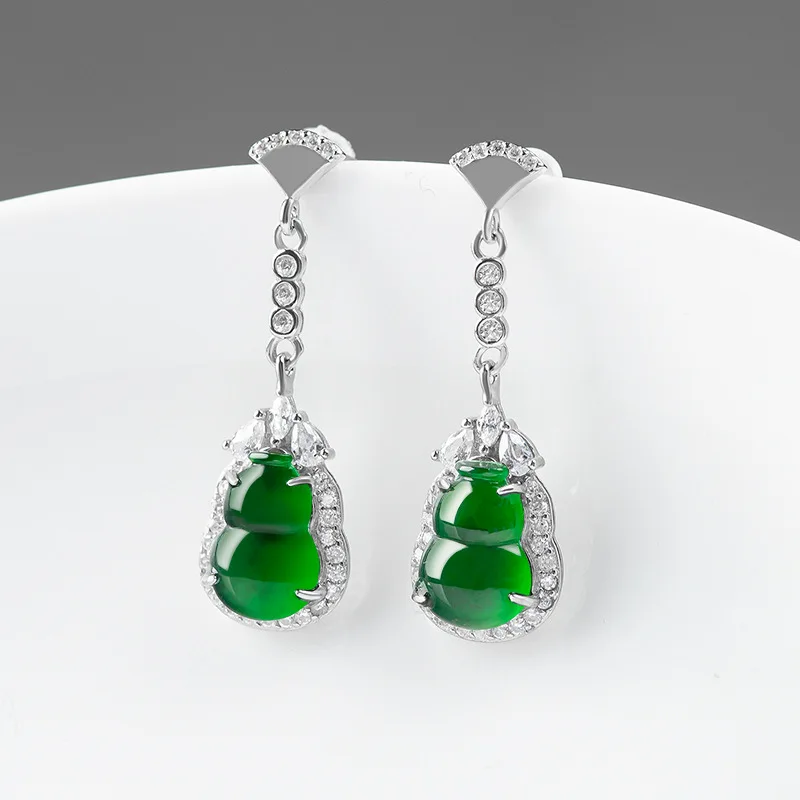 

S925 Silver Inlaid Natural A Jadeite Sun Green Earrings Gourd Ice Jade Women's High-end Fashion Jewelry Drop Shipping