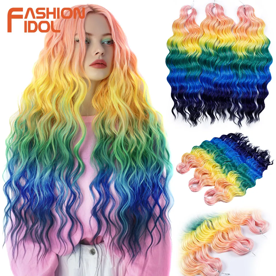 

FASHION IDOL 24 Inch Synthetic Hair Water Wave Braiding Hair Extensions Ombre Rainbow color Deep Wave Curl Twist Crochet Hair