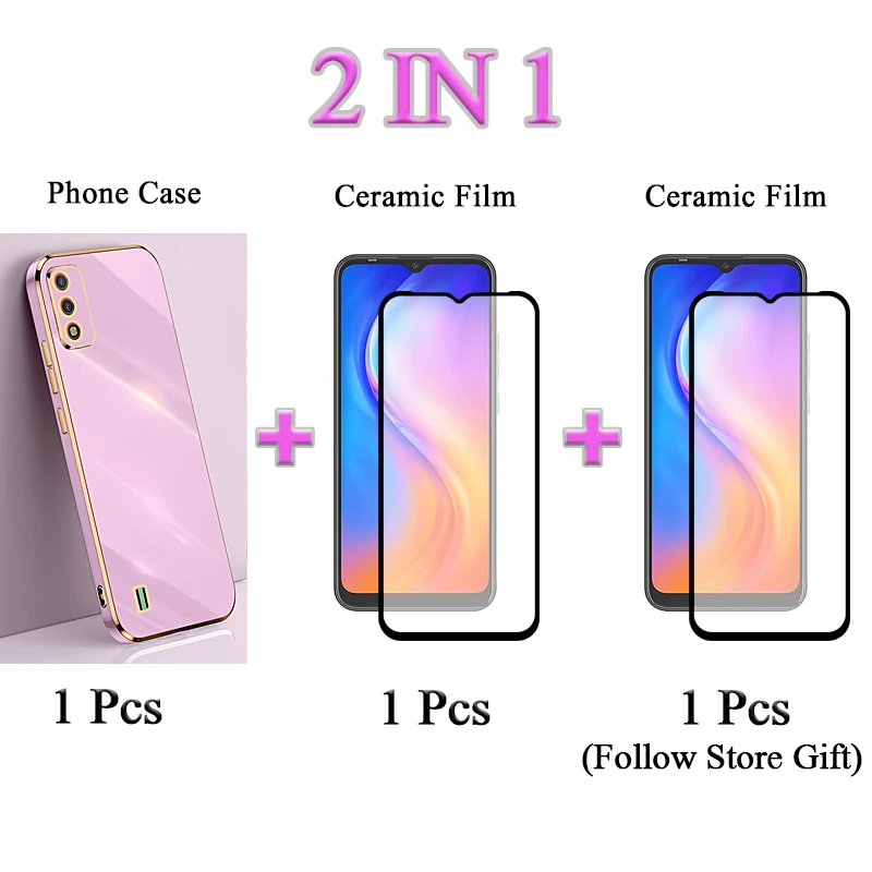 2 IN 1 For Infinix Hot 20 Play X6825 Traight Edge Electroplated Gold Edge Phone Case With Ceramic Screen Protector