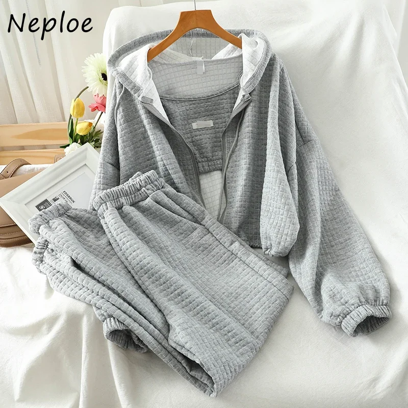 Neploe 3 Piece Set Solid Color Zip Hooded Drawstring Sweatshirts + Sexy Camis + Stretch Waist Casual Pants 2024 Fashion Suit