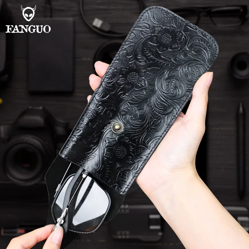 

Portable Genuine Leather Glasses Case Handmade Cowhide Leather Glasses Storage Box with Lanyard Retro Sun Glasses Spectacle Case