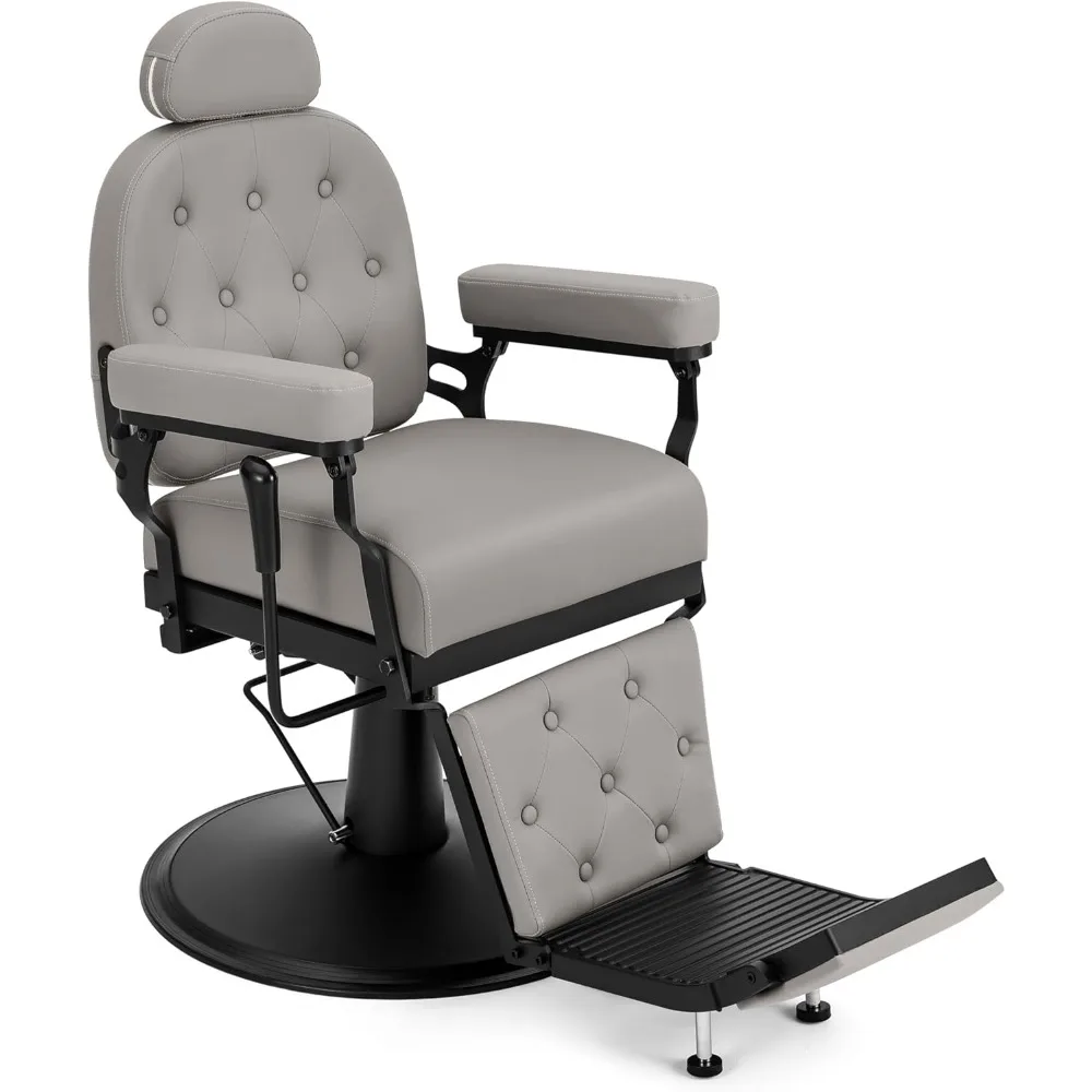 Silla de peluquero vintage profesional para barbería Silla de peluquero reclinable hidráulica con base resistente, reposacabezas (gris)