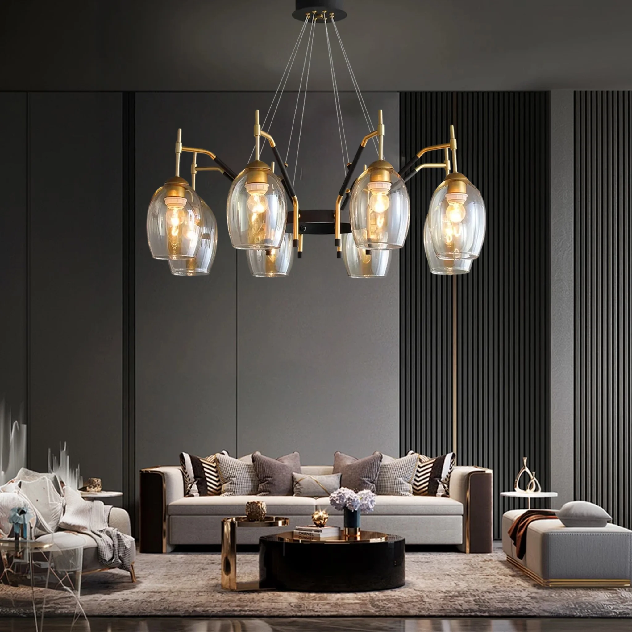 Modern Minimalist Glass E27 LED Chandelier Ceiling Strip-shaped Antique style Brass Suspension designer light for Living Room