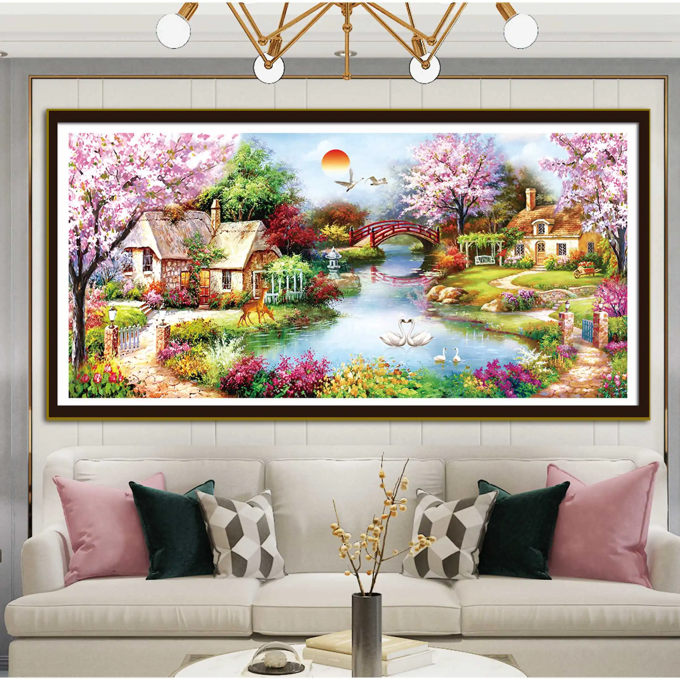 

Panoramic Garden Hut Landscape Pattern Cross Embroidery Kit - Handmade DIY Easy Embroidery Home Decoration Hanging Painting