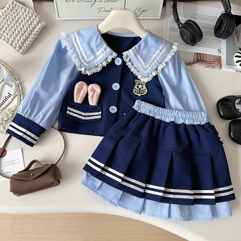 

Baby Girl Spring and Autumn Suit Skirt2024New Little Girl Princess Style Splicing Coat Pleated Skirt Two-Piece Suit Fashion