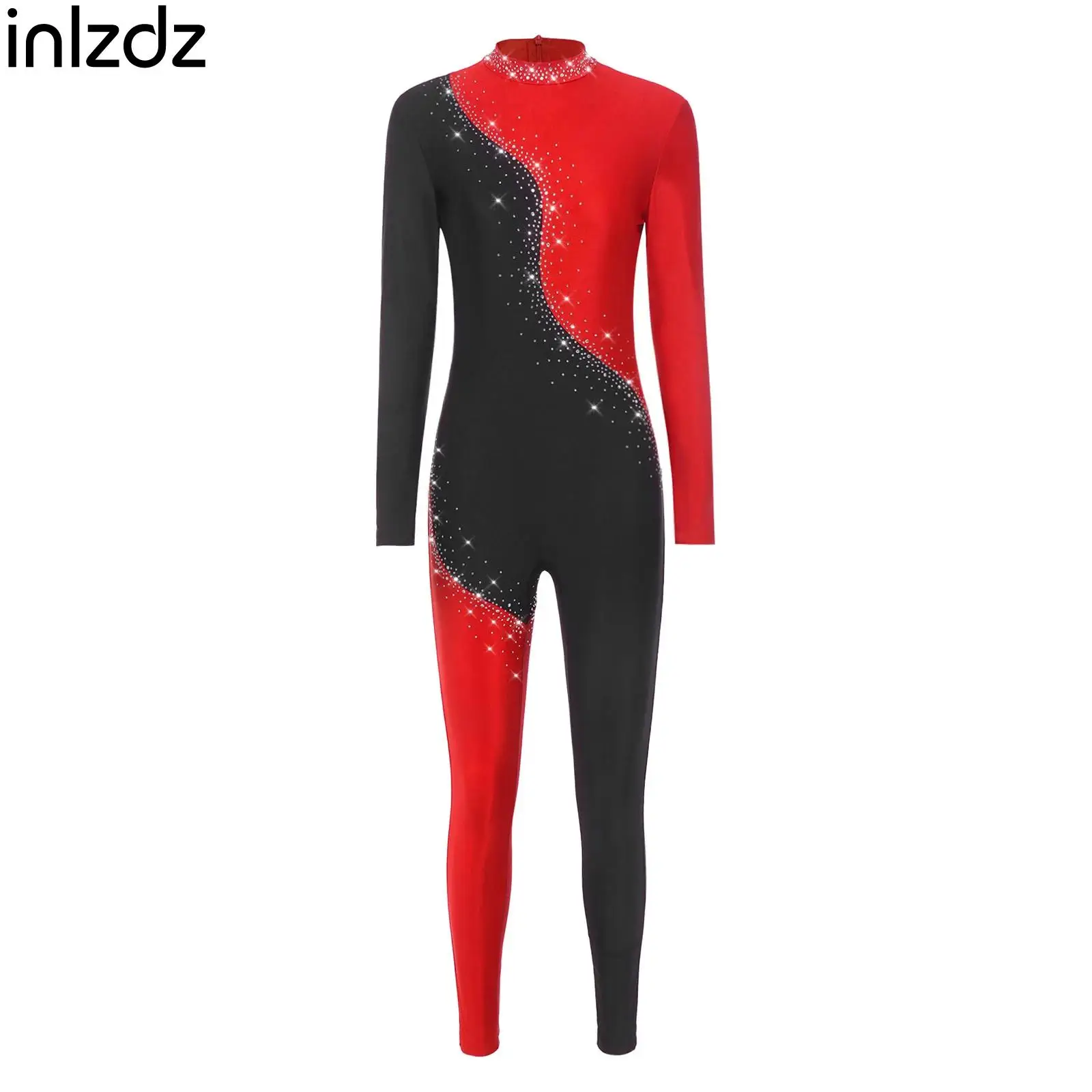 

Figure Skating Jumpsuit for Womens Ballet Dance Gymnastics Costume Rhinestones Long Sleeve Color Block Full Bodysuit Dancewear
