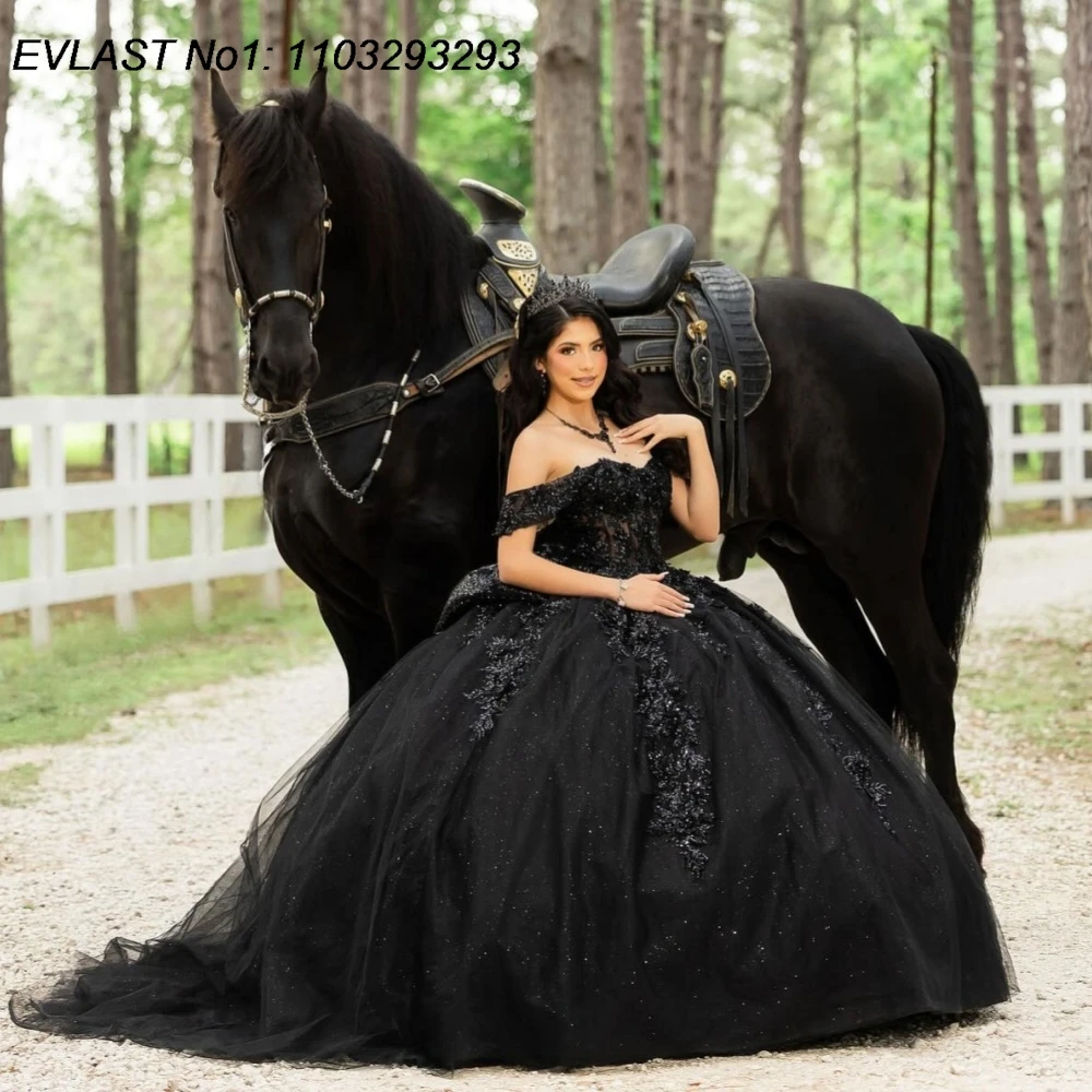 

EVLAST Customized Mexican Black Quinceanera Dress Ball Gown Lace Applique Crystal Beads Bow Sweet 16 Vestidos De 15 Anos E1QN472