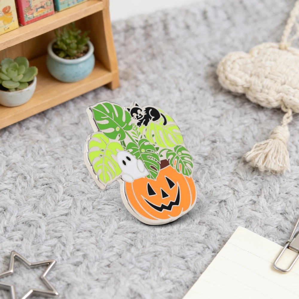 Halloween Pflanzendekor Emaille-Pin Kürbis Jack Gruseliger Monstera Pflanzentopf Brosche Geist Schwarze Katze Abzeichen Geschenk Accessoire – Detail 4