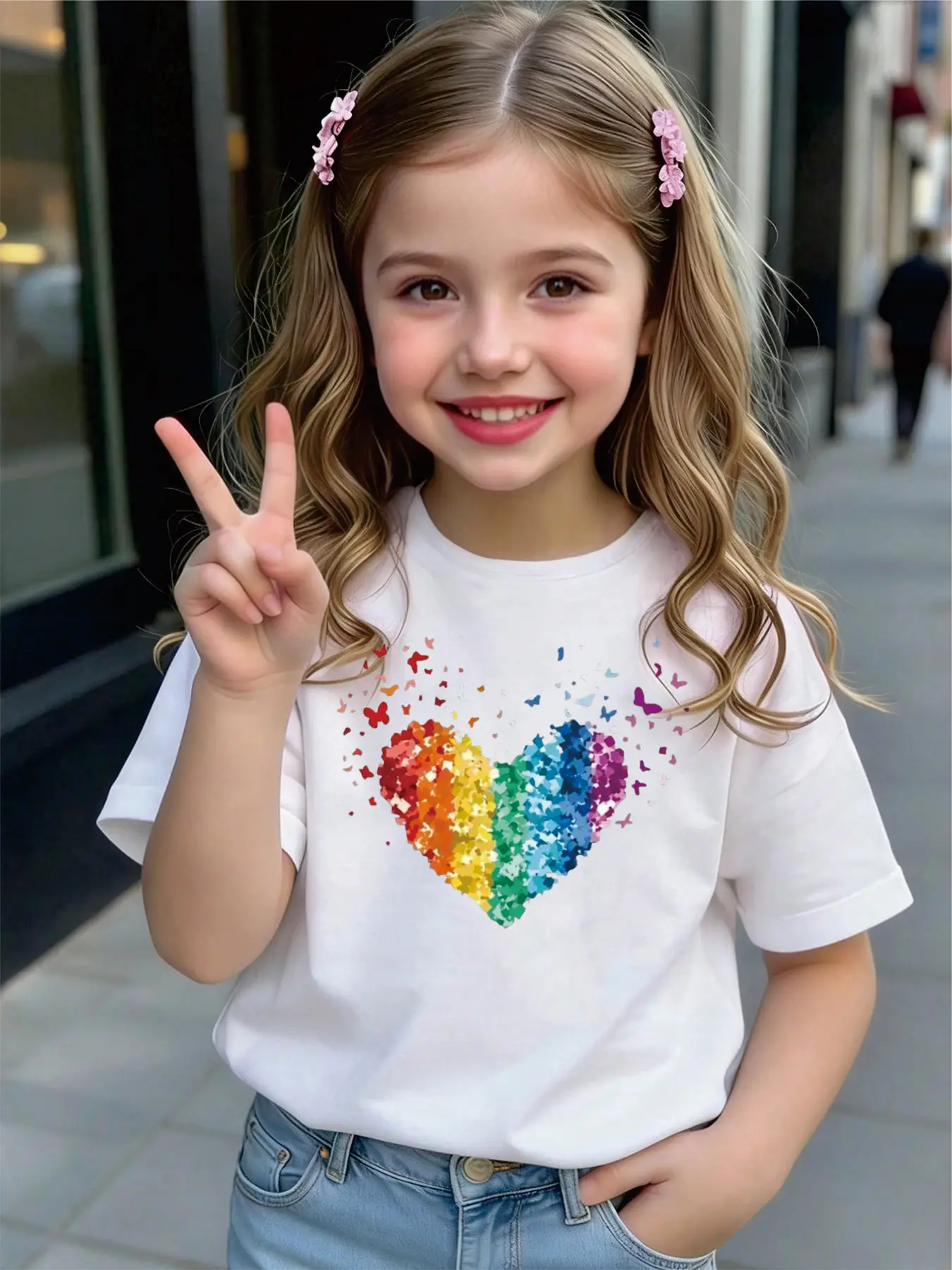 Kids Girls T-Shirt, Rainbow Heart & Butterfly Print Short Sleeve Casual Cotton Tee for Daily & Summer