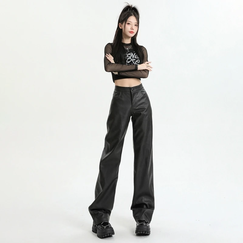 

Women Faux Leather Wide Leg Pants High Waist Straight Wide Leg Palazzo Pants Trouser with Pockets Punk Trousers Gifts 066C