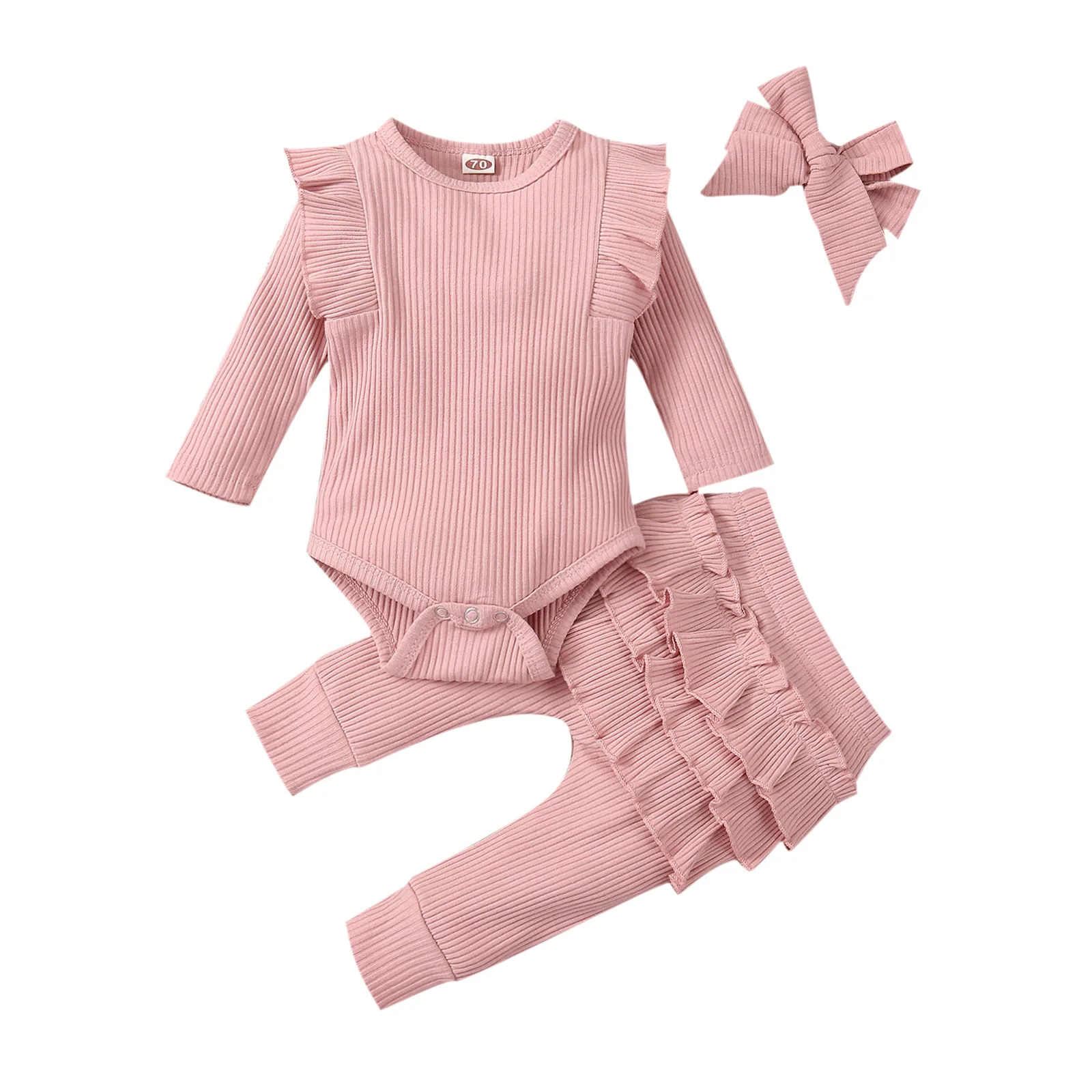 3Pcs Baby Girl Outfit Set Newborn Toddler Kids Clothing Set Baby Girls Lace Ruffles Cotton Bodysuit +Pants+Headband Clothing