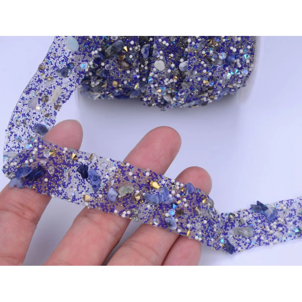 1 metr niebieski żwir kawior koraliki wstążka wykończenia poprawka Rhinestone Banding naprasowywane aplikacje do sukni kapelusze torby taśmy 2 Cm