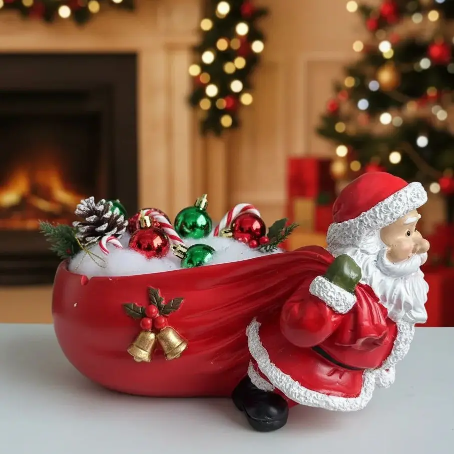 Santa Claus Pulling Gift Bag Candy Dish Christmas Figurine Nut Tray Jewelry Trinket Bowl Holiday Desk Decor White Elephant Gift