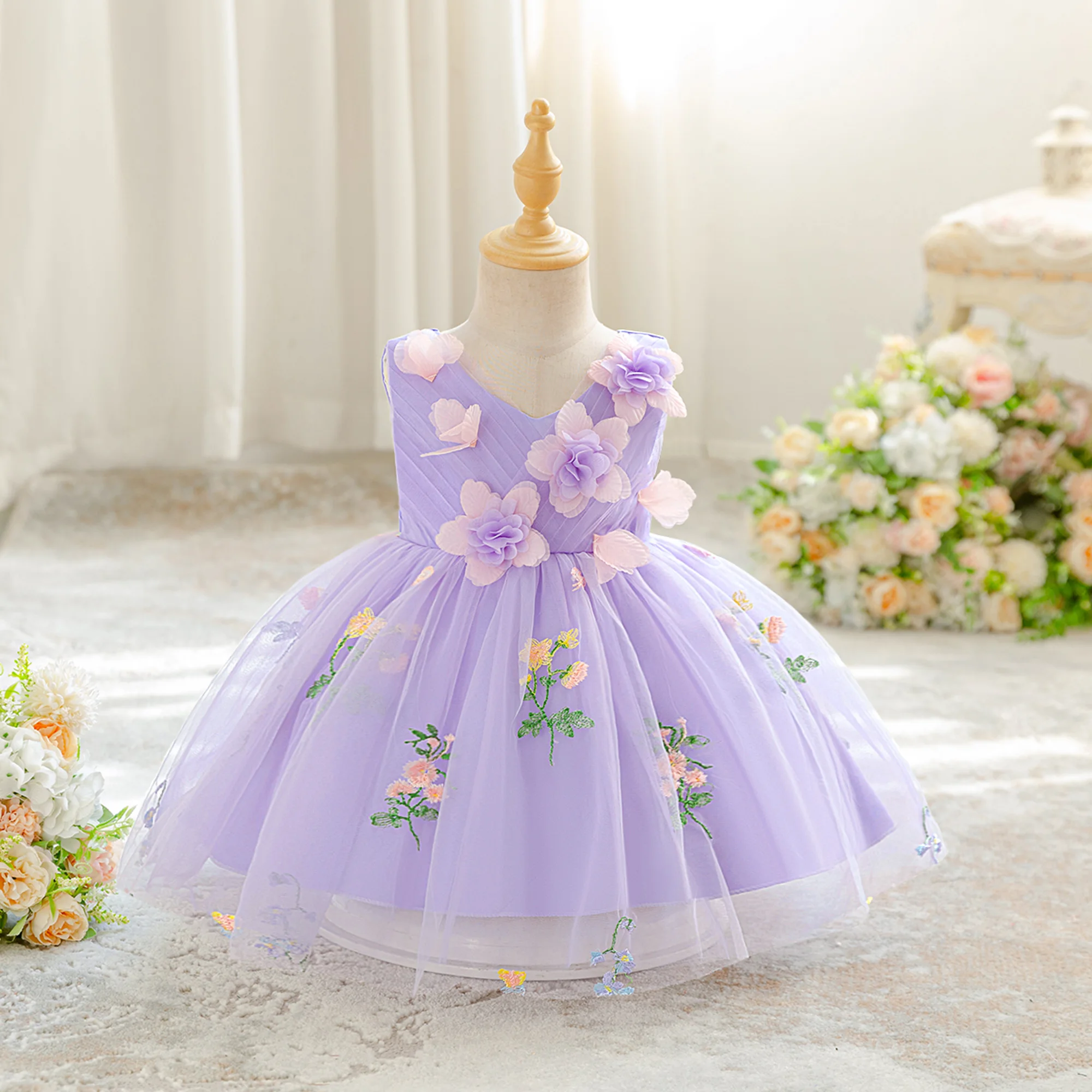 

Summer Flower Party Baby Girls Dress Toddler Tulle 1st Birthday Princess Bridesmaid Wedding Dress Girl Baptism Evening Prom Gown