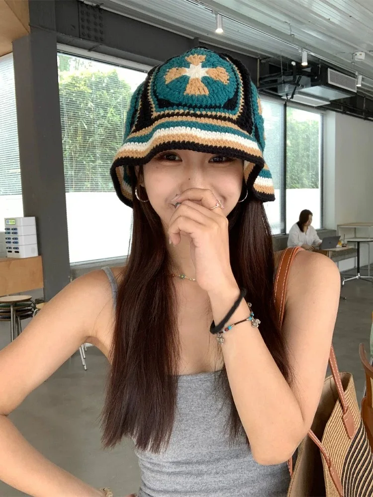 Winter Colorful Handmade Basin Hat Women Men Crochet Bucket Hat Panama Cap Rainbow Flower Knitted Hat  Korean Style Beanies