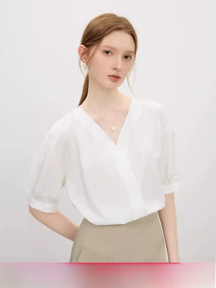 

Simple V-ne White irt Women's Summer Loose Slimming Design Sense Top Faion Korean Sle Casual Commute Polyester Fiber