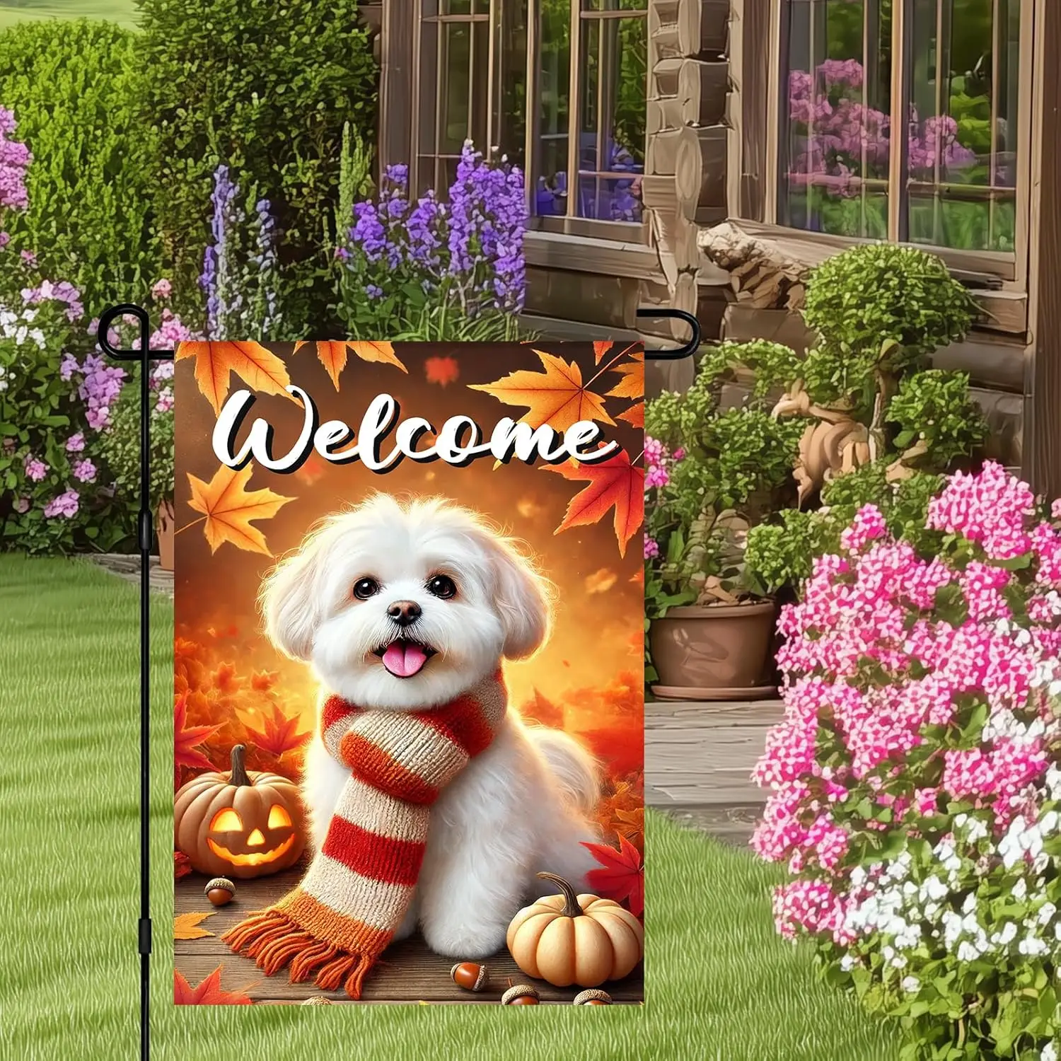 Welcome Fall Garden Flag Puppy Dog Pumpkin Flag 12x18 Inch Double Sided Autumn Leaves Outdoor Yard Decor House Banner Porch  yyi
