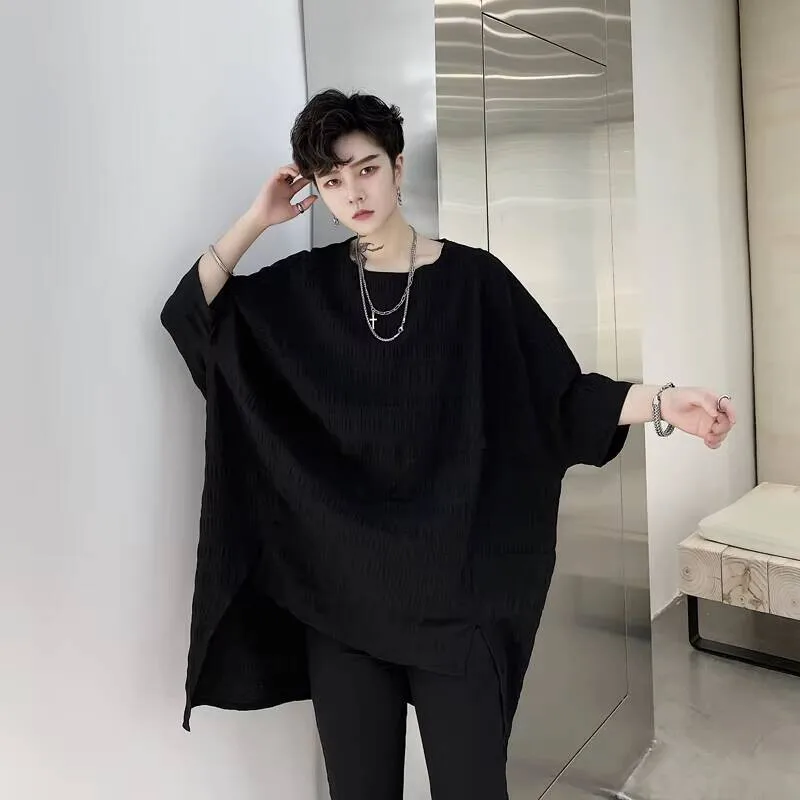 

Men T-Shirt Wrinkle Technology Wear Summer For Individual Before Short After Long Design For Men Loose Bat-Sleeve T-Shirt