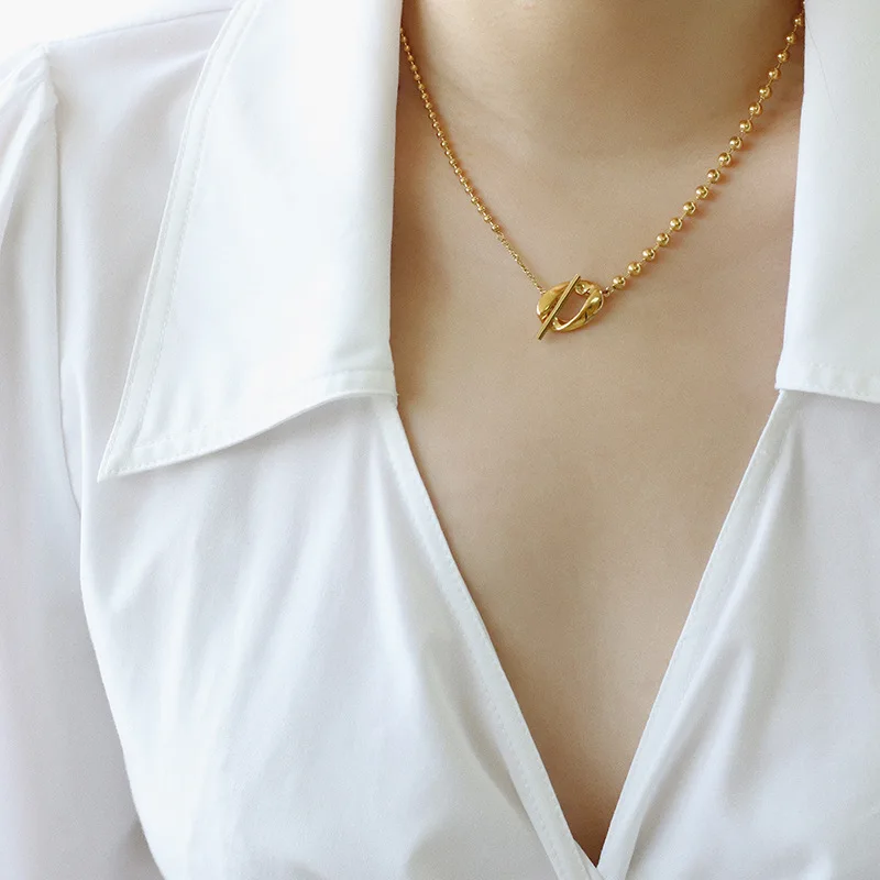 GHIDBK Personalized Asymmetric Beads Stainless Steel Necklace For Women Girls OT Toggle Trendy Link Chain Necklaces Statement