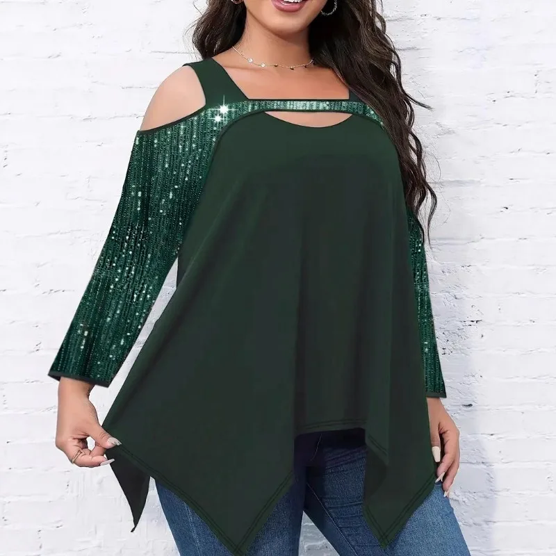 

Европейско-американская летняя женская футболка с длинными рукавами и блестками, нестандартный большой подол