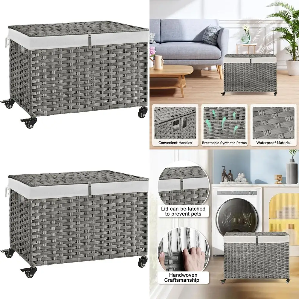 

Серая плетеная корзина для хранения из ротанга с крышкой, колесами, ручками и съемной подкладкой емкостью 180 л.