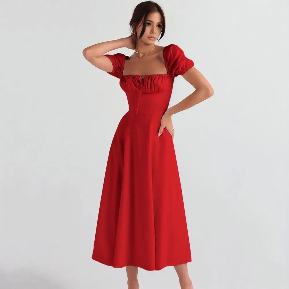 

Date Night Dress Elegant Square Neck Midi Dress with Tiered Ruffles Lace-up Strap Detail Women's A-line Pleated Dress for A