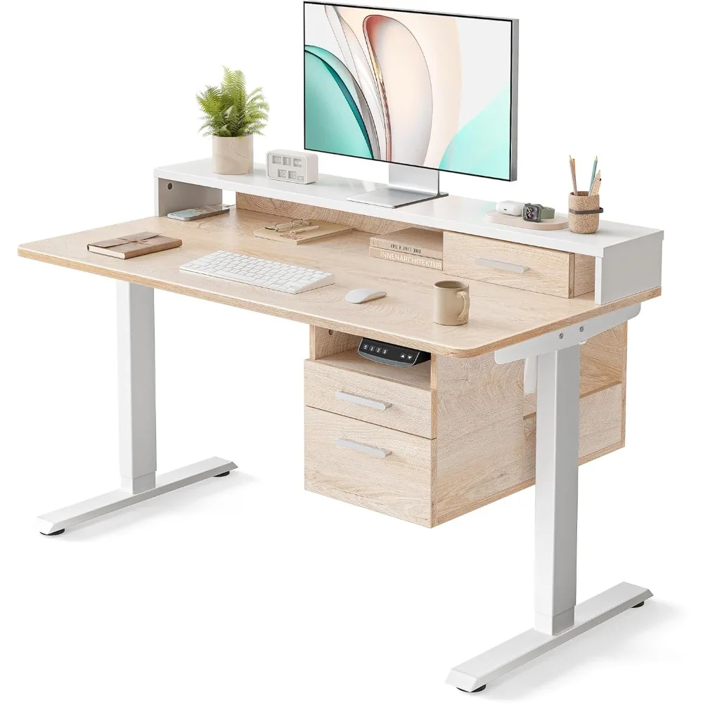 

Electric Standing Desk 48 x 24 Inch with Monitor Shelf, 3 Drawers and Open Storage, Home Office Computer Workstation, Maple