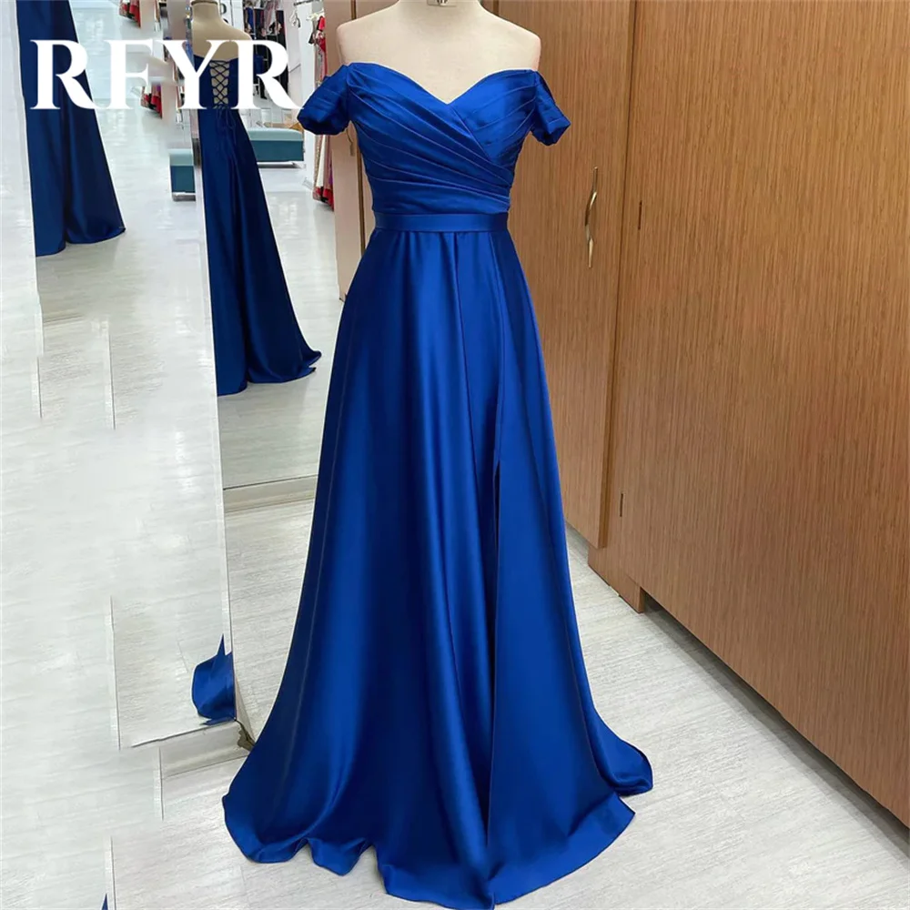 RFYR Blue Long Party Dresses Beach Sexy Night Dresses with Pleats Satin Off The Shoulder Celebrity Dresses vestidos de fiesta