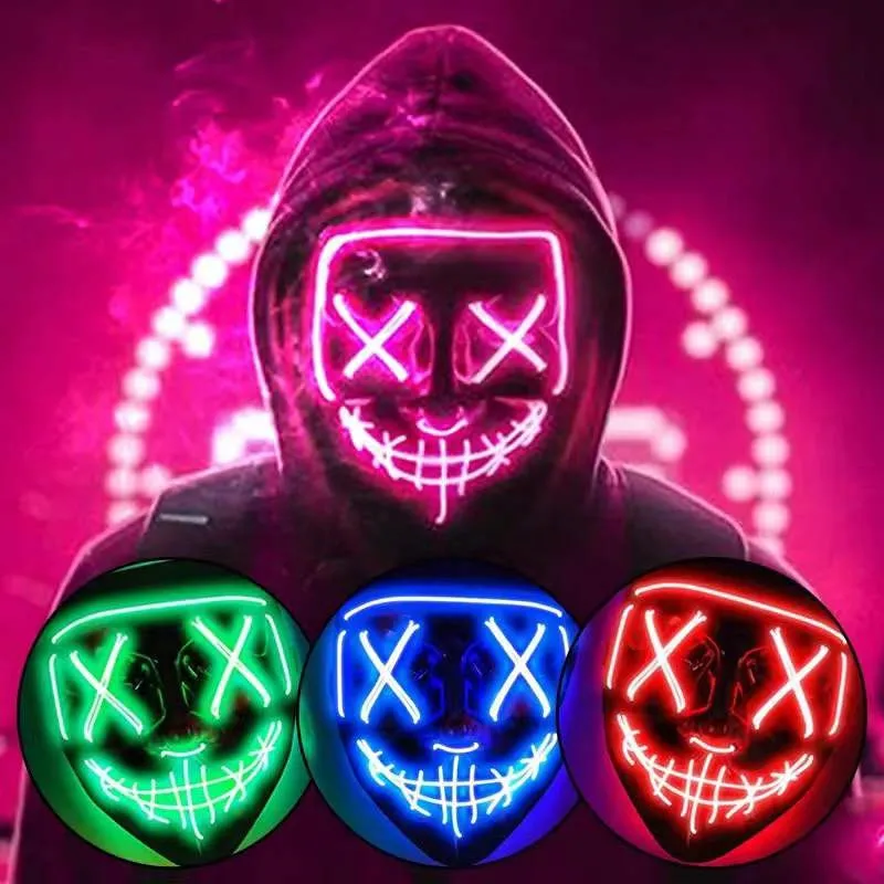 Halloween Masks For Men Women LED Purge Mask Headwear Party Mask Neon Light Flashing Carnival Cosplay Costume Props 2023