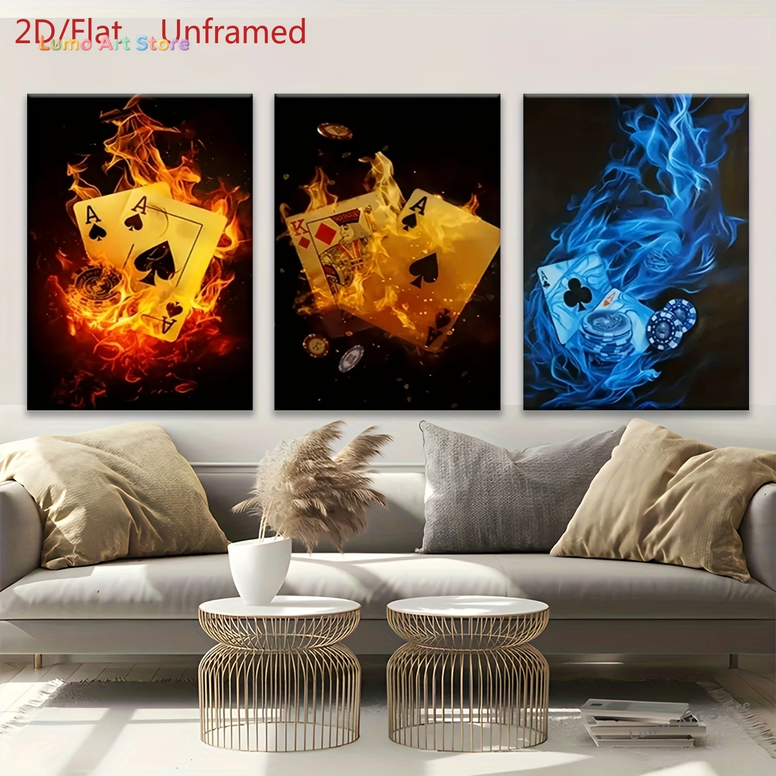 2D Flat, 3-Panel Vertical Firepower Poker Card Wall Art - Modern Minimalist Suitable for Living Room, Bedroom, Office Decor -