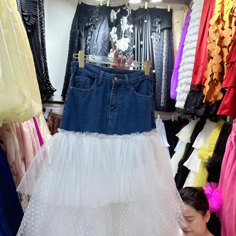 [zoci] Australian Niche Puffy Half Body Wrapped Hip Long Style, Spliced a Swing Denim Skirt, Polka Dot Mesh