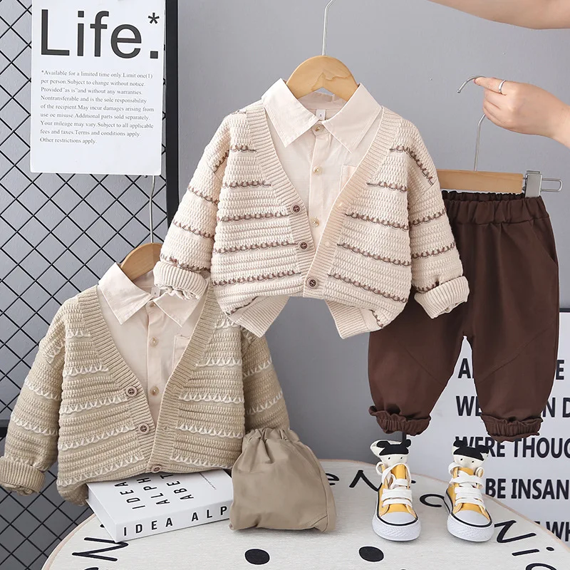 Boys Clothes Sets Spring Autumn 2026 Children Woolen Jersey Sweaters Coats Shirts Pants 3pcs Suit For Baby Knitted Outfits Kids