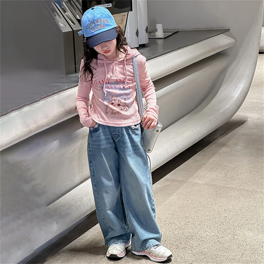 2403 Youngsters Fashion Embroidery Girls\' Jeans Children\'s Jeans Kid\'s Casual Pants Girls\' Wide Leg Pants