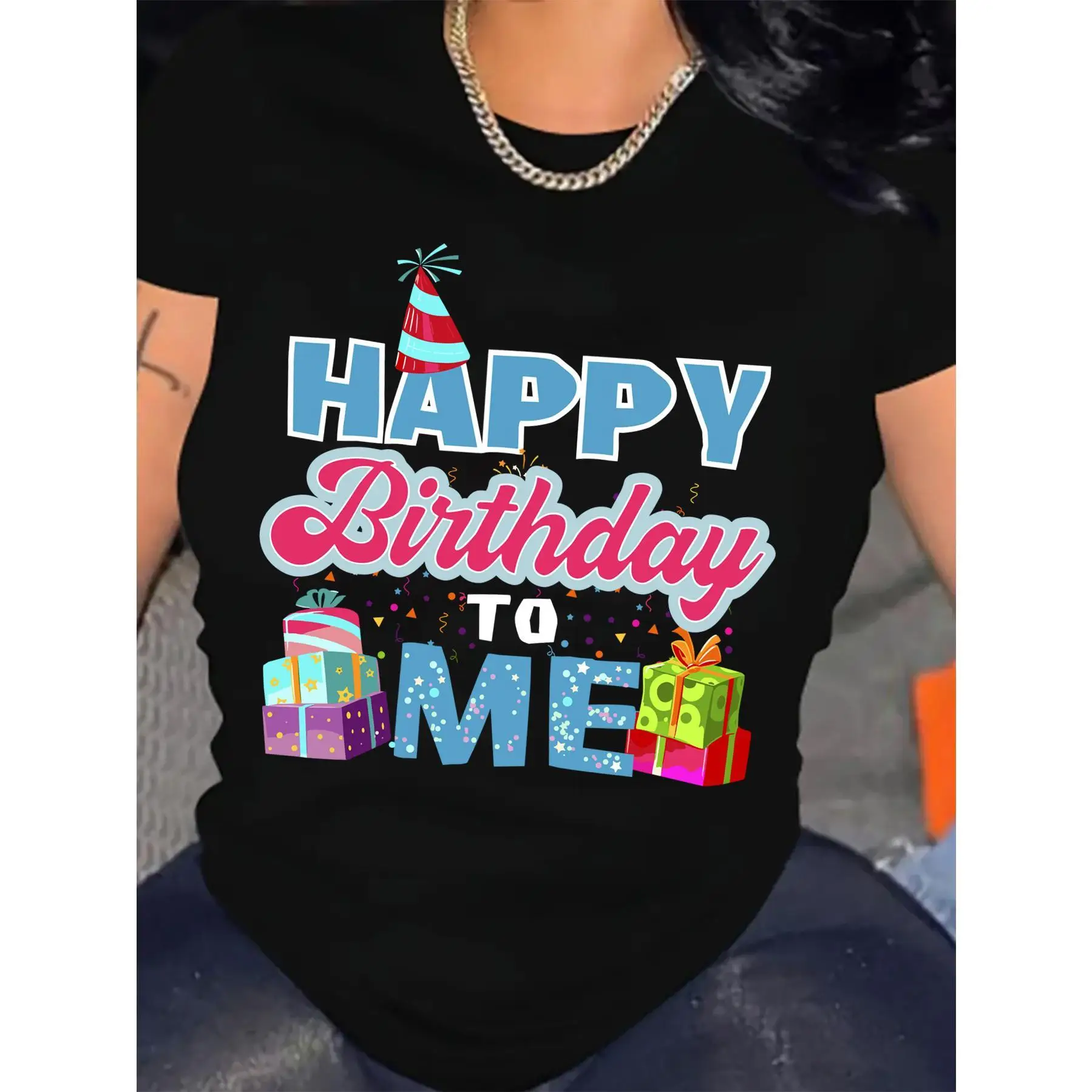 

Birthday Celebration Tee - Chic Women'S Short Sleeve T-Shirt - Geometric Print, Machine Washable